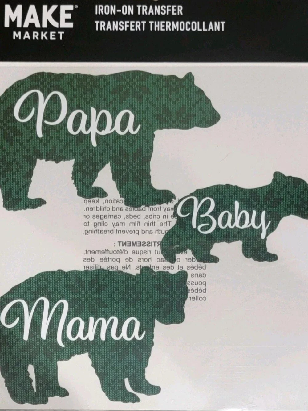 Christmas Iron-on Transfers Mama Papa Baby Bear Green Nordic Style DIY Craft